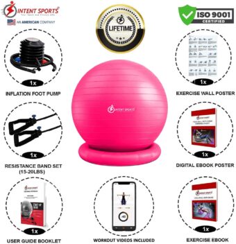 Yoga Ball Chair – Stability Ball with Inflatable Stability Base & Resistance Bands, Fitness Ball for Home Gym, Office, Improves Back Pain, Core, Posture & Balance (65 Cm) - Image 3