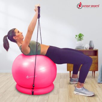 Yoga Ball Chair – Stability Ball with Inflatable Stability Base & Resistance Bands, Fitness Ball for Home Gym, Office, Improves Back Pain, Core, Posture & Balance (65 Cm) - Image 4