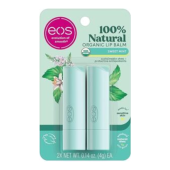 eos 100% Natural & Organic Lip Balm Sticks- Sweet Mint, All-Day Moisture, Dermatologist Recommended for Sensitive Skin, 0.14 oz, 2-Pack