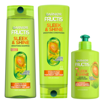 Garnier Fructis Sleek & Shine Shampoo, Conditioner + Leave-In Conditioer Set for Frizzy, Dry Hair, Plant Keratin + Argan Oil (3 Items), 1 Kit (Packaging May Vary)