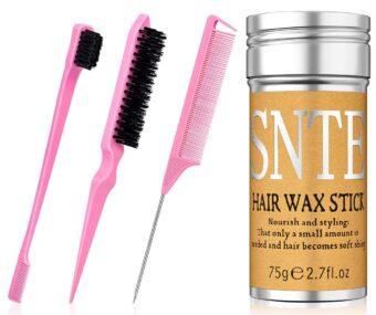 Hair Wax Stick, Edges Brush, Rat Tail Comb, Bristle Brush Set 4Pcs, Wax Stick for Hair & Wig Flyaways, Slick Back Hair Brush for Smooth Hair & Baby Hair Edge Control & Tame Frizz