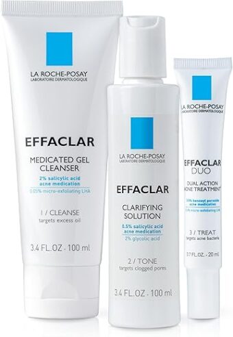 La Roche-Posay Effaclar Dermatological 3 Step Acne Treatment System, Salicylic Acid Acne Cleanser, Pore Refining Toner, and Benzoyl Peroxide Spot Treatment for Sensitive Skin,...