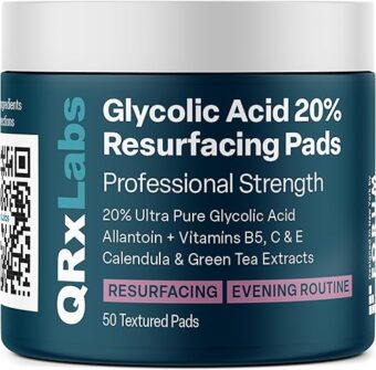 QRxLabs Glycolic Acid 20% Resurfacing Pads for Face & Body with Vitamins B5, C & E, Green Tea, Calendula, Allantoin - Exfoliates Surface Skin and Reduces Fine Lines and Wrinkles...