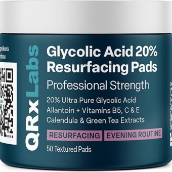 QRxLabs Glycolic Acid 20% Resurfacing Pads for Face & Body with Vitamins B5, C & E, Green Tea, Calendula, Allantoin - Exfoliates Surface Skin and Reduces Fine Lines and Wrinkles...