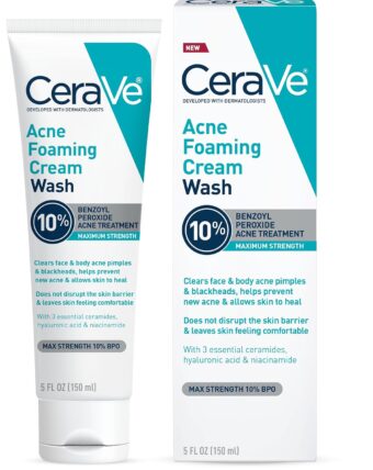CeraVe Acne Foaming Cream Wash, Gentle Face and Body Cleanser with Benzoyl Peroxide 10%, Hyaluronic Acid, and Niacinamide, 10% Benzoyl Peroxide Treatment Clears Pimples and...