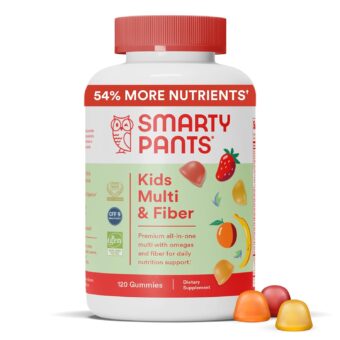 SmartyPants Kids Multivitamin Gummies and Fiber Supplement: Vitamin D3, C, Vitamin B12, B6, A, Zinc, Biotin, Inositol, Fiber Gummies, Three Fruit Flavors, 120 Count (30 Day Supply)