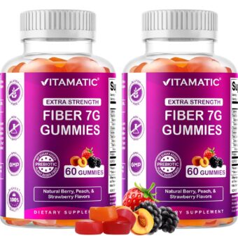 Vitamatic 2 Pack Prebiotic Fiber Gummies for Adults - 7G Fiber Extra Strength - Zero Sugar Added - 60 Pectin Based Gummies - Digestive Health & Regularity Support, (Total 120...