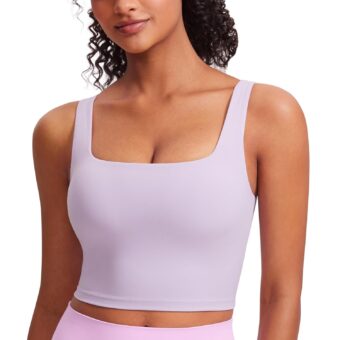 CRZ YOGA Butterluxe Womens Square Neck Longline Sports Bra - Workout Crop Tank Tops Padded Yoga Camisole with Built in Pads