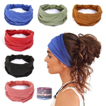 GILI 6 Pack Wide Headbands for Women Non Slip Soft Elastic Hair Bands Yoga Running Sports Workout Gym Head Wraps, Knotted Cotton Cloth African Turbans Bandana (with 6 Pcs Hair...
