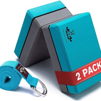 Heathyoga Yoga Blocks 2 Pack with Strap, High Density EVA Foam Yoga Block and Yoga Strap Set to Support and Improve Poses and Flexibility