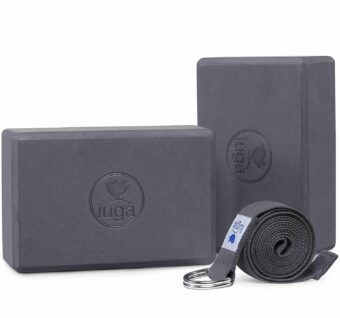 IUGA Yoga Blocks 2 Pack With Strap Non Slip High Density 9"x6"x3" Solid & Cork Yoga Block With Yoga Strap to Improve Strength Balance for Yoga Pilates Meditation