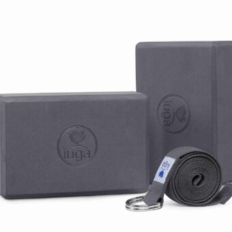 IUGA Yoga Blocks 2 Pack With Strap Non Slip High Density 9"x6"x3" Solid & Cork Yoga Block With Yoga Strap to Improve Strength Balance for Yoga Pilates Meditation