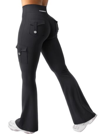YEOREO CoreFlex Women Workout Flare Leggings with Pockets Hidden Scrunch High Waisted Cargo Gym Yoga No Front Seam Leggings